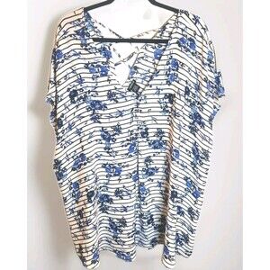 Torrid Blouse Womens 4X White Blue Floral Striped Criss Cross Back Lightweight